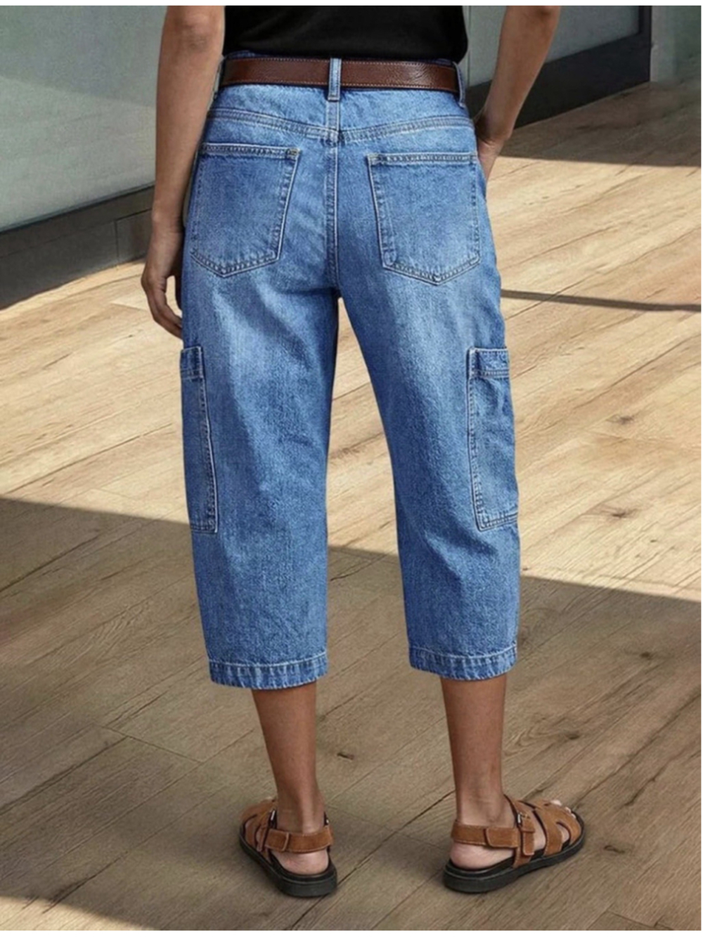 Flamingals Barrel Leg Mid Waist Capri Jeans for Women Wash Pocket Side Cargo 2XL - Picture 2 of 7